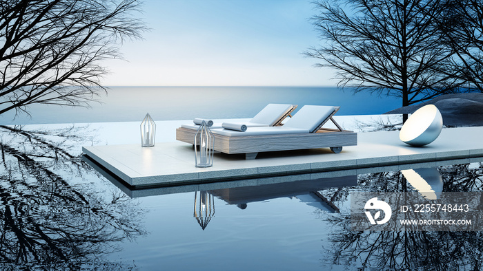 海滩休息室-海景躺椅，用于度假和夏季/3d室内渲染