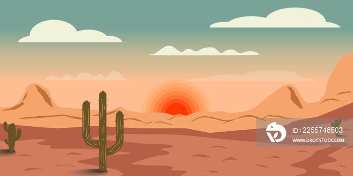 Desert landscape with cactuses and mountains in cartoon style. Design element for poster, card, bann
