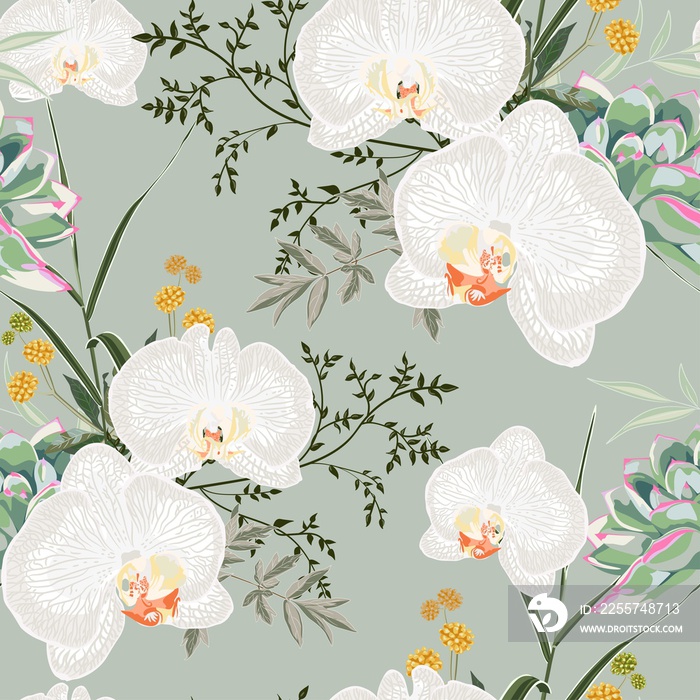 Tropic summer painting seamless pattern with eucaliptus, herbs and white orchid flowers. Trendy bunc