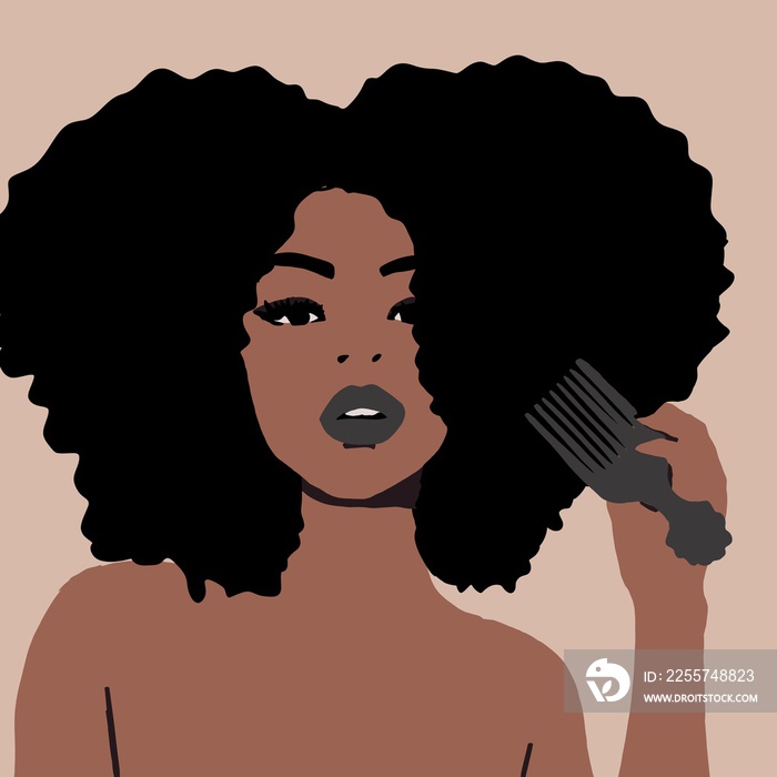 Combing afro hair with comb. Black woman. hair care. African american girl with afro hair, illustrat