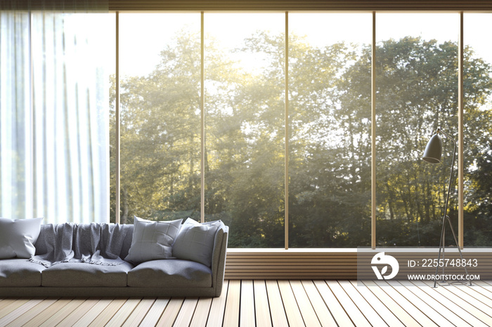 3D Rendering : illustration of Modern living room with nature view. soft sofa decorate room with woo