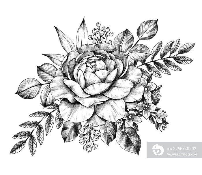 Hand drawn Floral Bunch  with Rose Flower