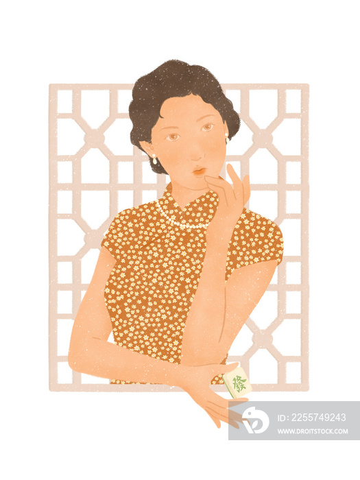 elegant Asian woman in traditional qipao costume holding mahjong on transparent background