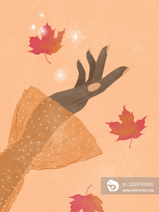 Hello fall dark skin tone hand and maple leaves falling with sparkling stars