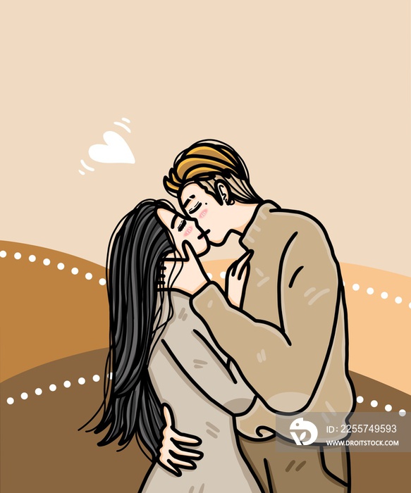 couple standing kissing illustration in brown color tone