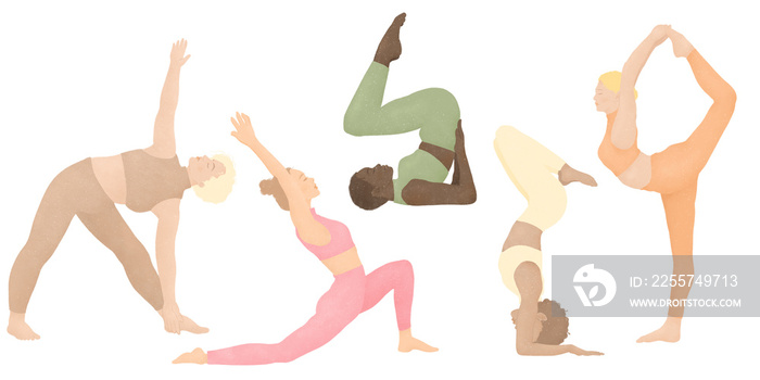 yoga time a group of four young beautiful women with different types of shape and skin practicing yo