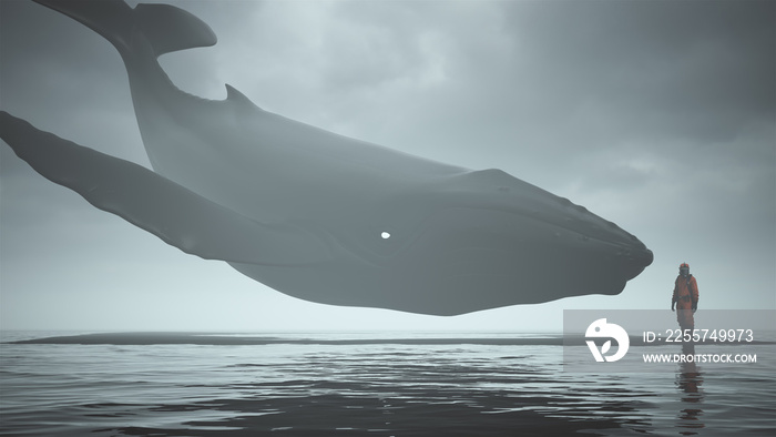 神秘的黑座头鲸，白眼漂浮在黑沙滩上，男子穿着防护服S
