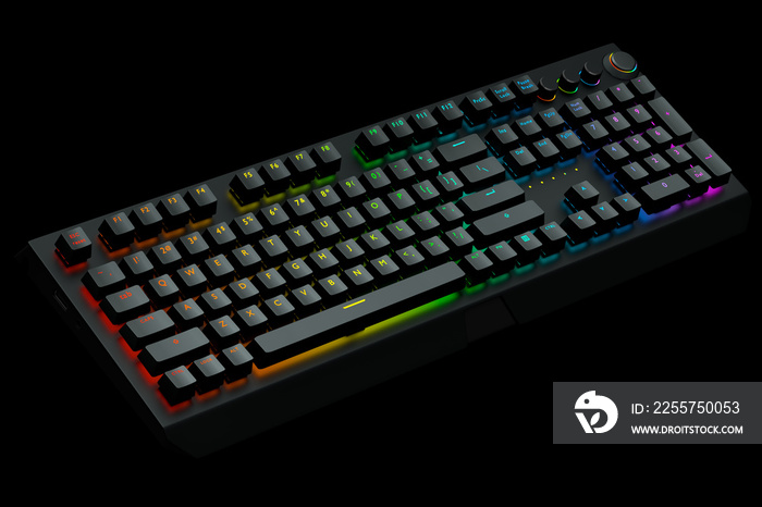 Computer keyboard with rgb colors isolated on black background.