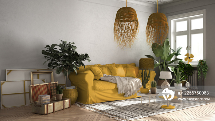 Vintage, old style living room in yellow tones, Sofa, carpet, pillows and rattan pendant lamps, tabl