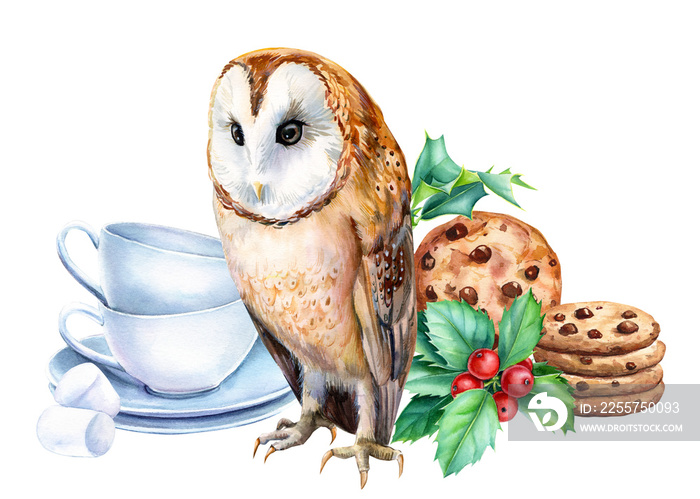 Watercolor illustration, tea party with an owl drawn on an isolated white background. Poster, postca