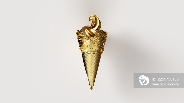 金叶冰淇淋与金叶锥和金冰与金洒3d插图3d渲染