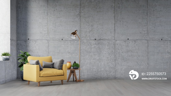 Interior of living room with wooden table, lamps and yellow armchair have wall cement.3d rendering