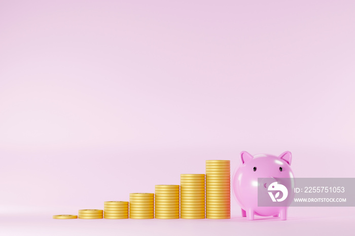 Save money and investment concept. Piggy bank and coins stack step up increase on pink background. 3