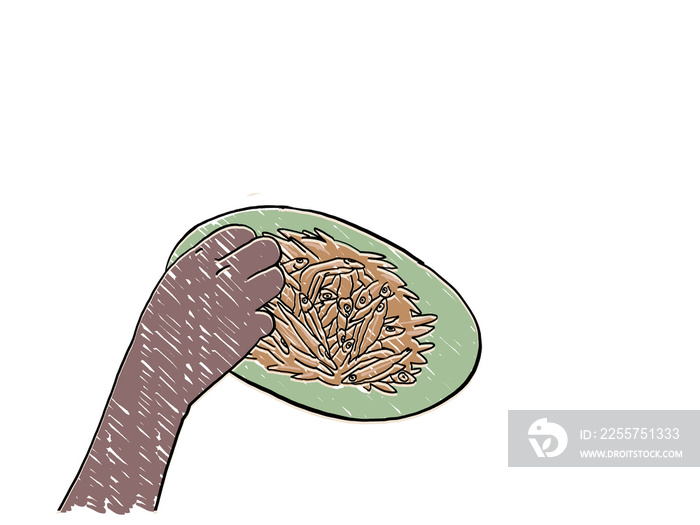 A flat lay Illustration of a group people sharing a meal of fish samp, impwa, cold drinks and chikan