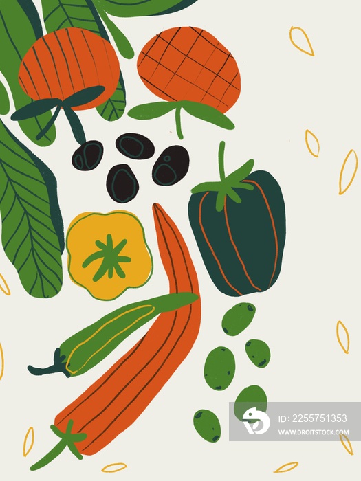 蔬菜、胡椒、油和生命。有趣的彩色印刷海报、服装印刷设计、酒吧菜单