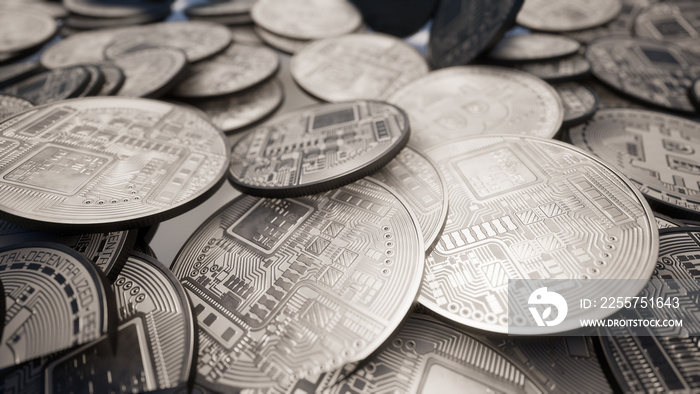 3D渲染桌子上的比特币堆。加密货币区块链。背景和商业图片