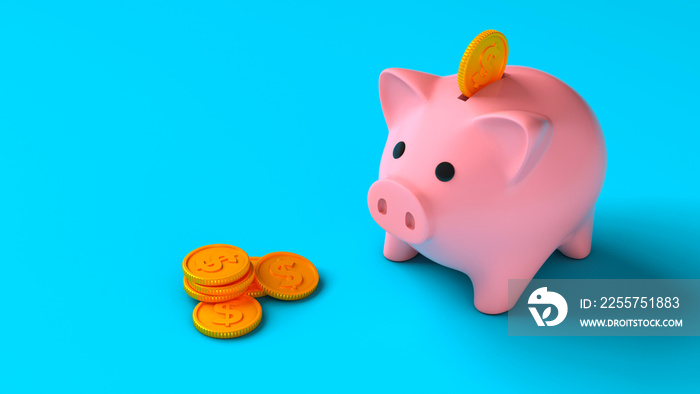 Piggy bank with coins on a blue background. Saving money. Coins fall into the piggy bank. 3d render