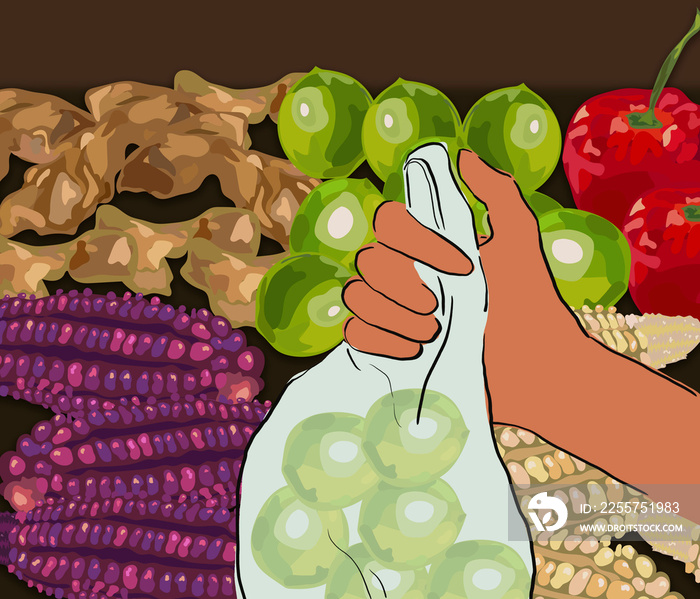 peruvian market with people vegetables stand illustration