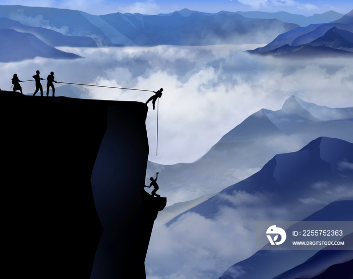 Teamwork to overcome challenges is illustrated here with a view of people making a mountain rescue w