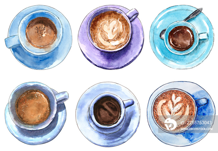 Set of blue coffee cups, hand drawn watercolor illustration. Cappucino, latte machiato, cocoa, espre