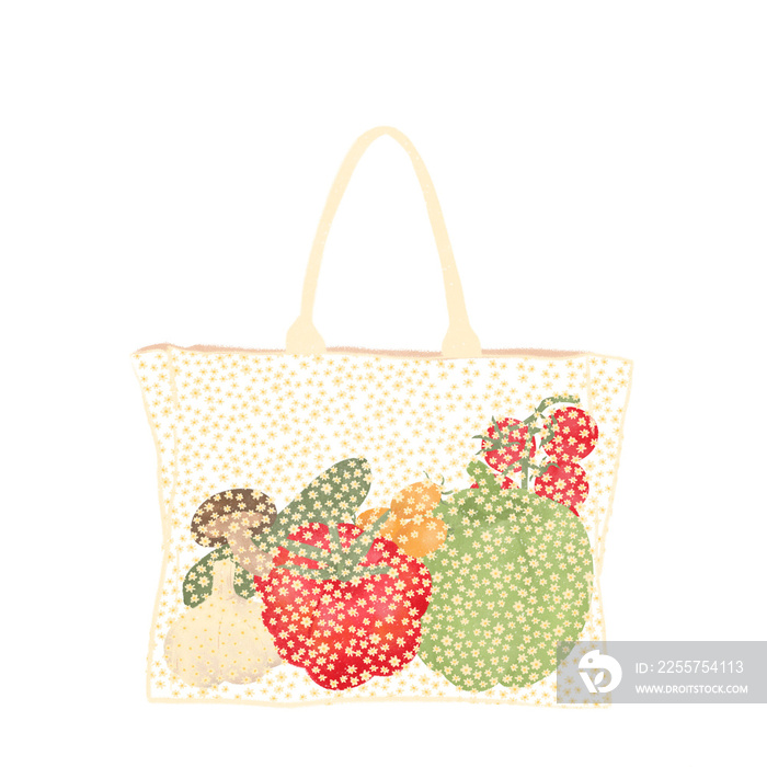 a tote bag full of healthy organic vegetables tomato mushroom cucumber bell pepper garlic with spark