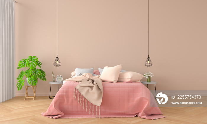 Bedroom interior for mockup, earth tone concept, 3D rendering