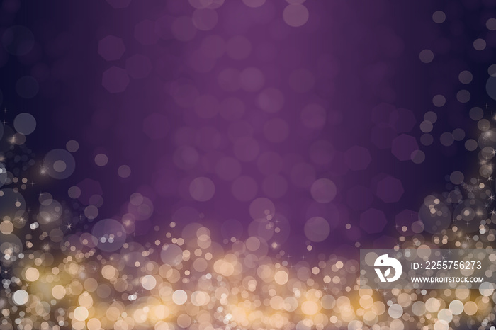 Abstract shiny golden bokeh glitter and sprinkles on purple gradient background