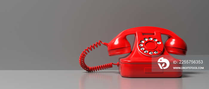 Red old phone on gray color background. 3d illustration