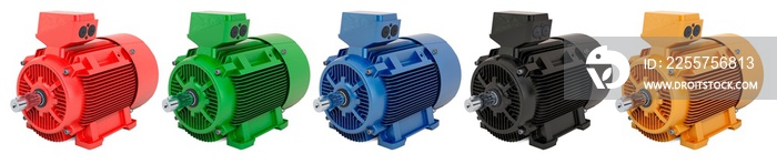 Colored industrial electric motors, 3D rendering