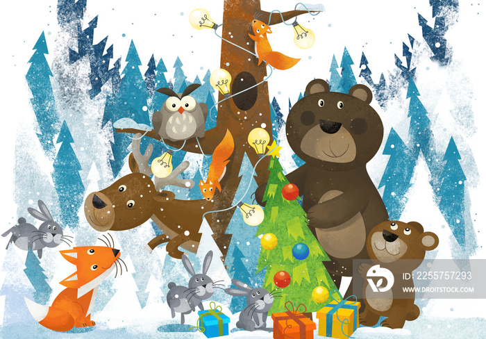 religious winter scene with reindeers fox owl rabbits and bear near christmas tree - traditional sce