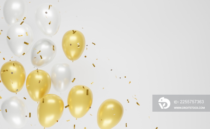 background with gold and silver balloons and confetti falling with copyspace