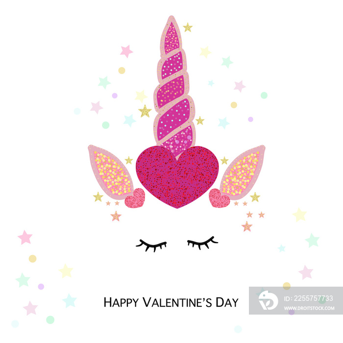 Magical unicorn valentines day hearts. Happy Valentines day greeting card with unicorn