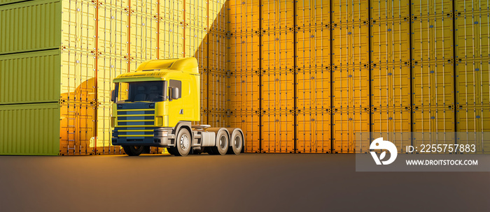 yellow truck with many stacks of containers