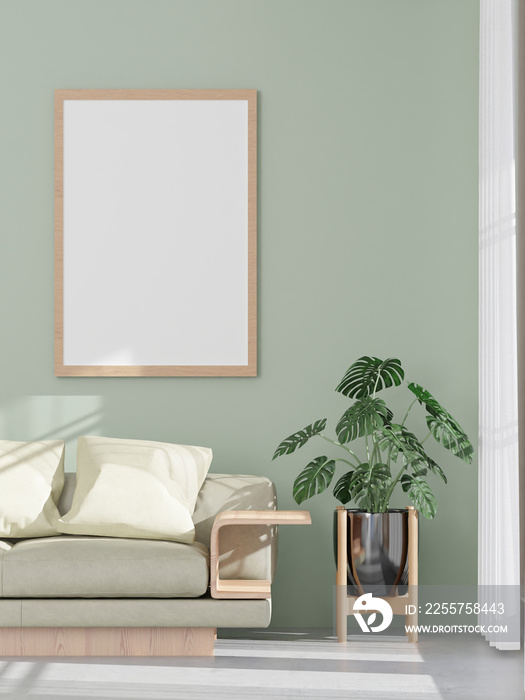 阁楼风格的客厅和绿色墙壁沙发模型框架-三维渲染-