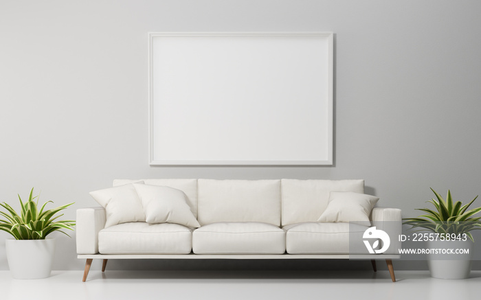 客厅里的实体海报和白色沙发，插图三维渲染