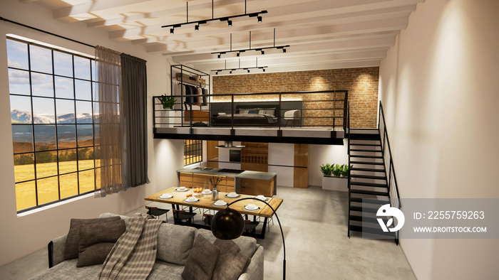 三维效果图。带厨房的室内现代开放式生活空间。阁楼风格的复式公寓resid
