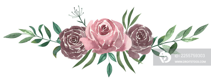 Bouquet of watercolor flowers, dusty roses and leaves