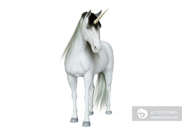 一只独角兽被隔离在白色上的3d渲染插图