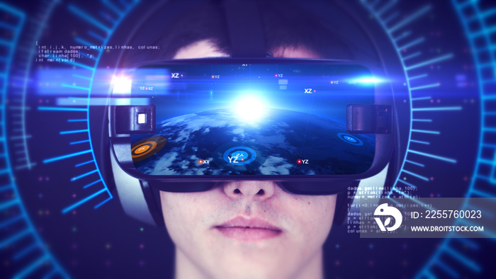 年轻人戴着VR耳机，体验3D虚拟现实。与技术相关的数字地球n