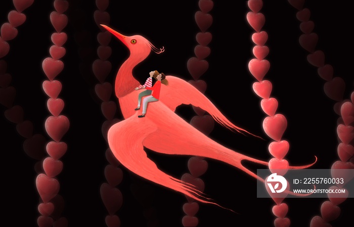 Love and valentine concept, fantasy scene man and woman riding red bird