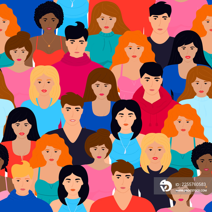 Modern multicultural society seamless pattern. Group of different people come together after quarant