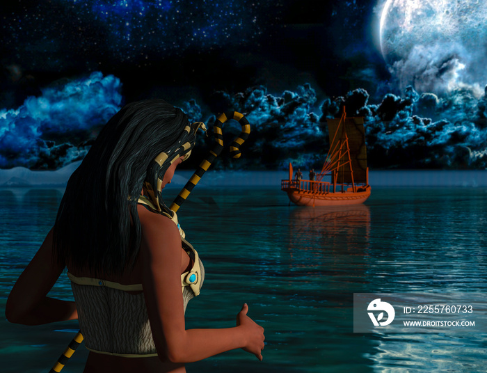 A historical Egyptian woman watching an ancient Egyptian boat.