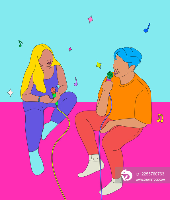 Two people singing karaoke with music notes and stars (2)