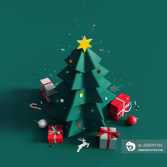 绿纸圣诞树，绿色背景上有礼物和装饰3D渲染，3D Illustr