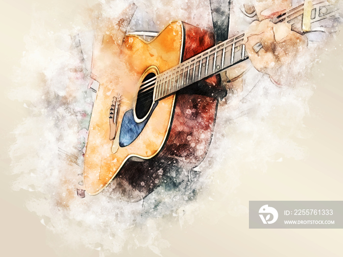 Abstract colorful shape on acoustic Guitar in the foreground on Watercolor painting background and D