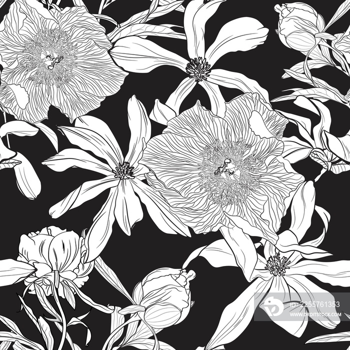 Seamless floral pattern with image of a magnolia and peony flowers on a black background.