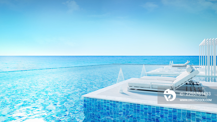 豪华别墅、休闲相扑、海滩休息室的日光浴甲板和私人游泳池，/3d渲染