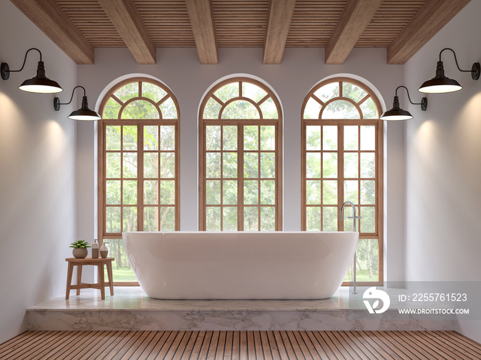 斯堪的纳维亚浴室三维渲染图。客房铺有木制和白色大理石地板，木质天花板