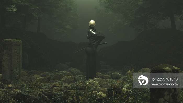 Black Futuristic Samurai Demon Standing in Rocky Forest Clearing with 2 Gravestones Swords 3d illust