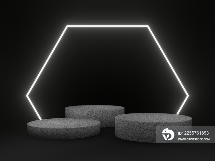 3D rock podium with white neon frame. Stone mockup on black background.